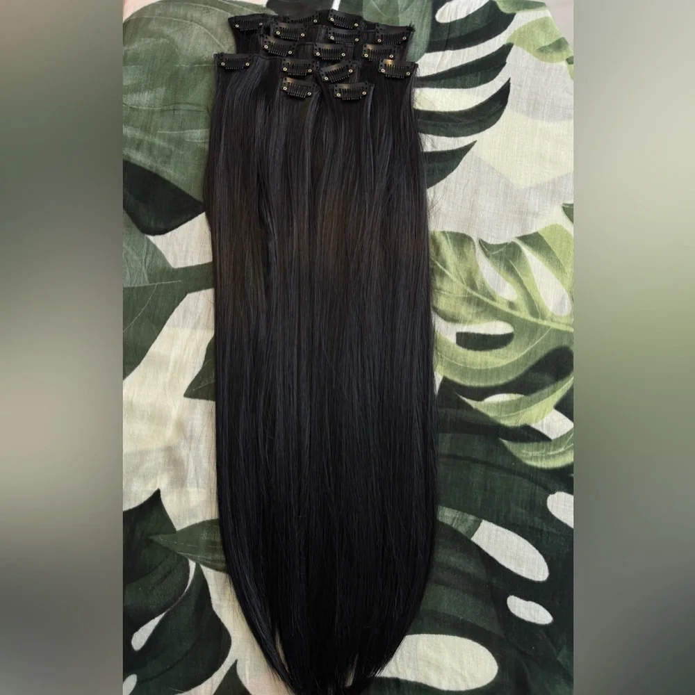 24 In Black Clip in Hair Extensions Straight Beautiful Hair Human hair blend